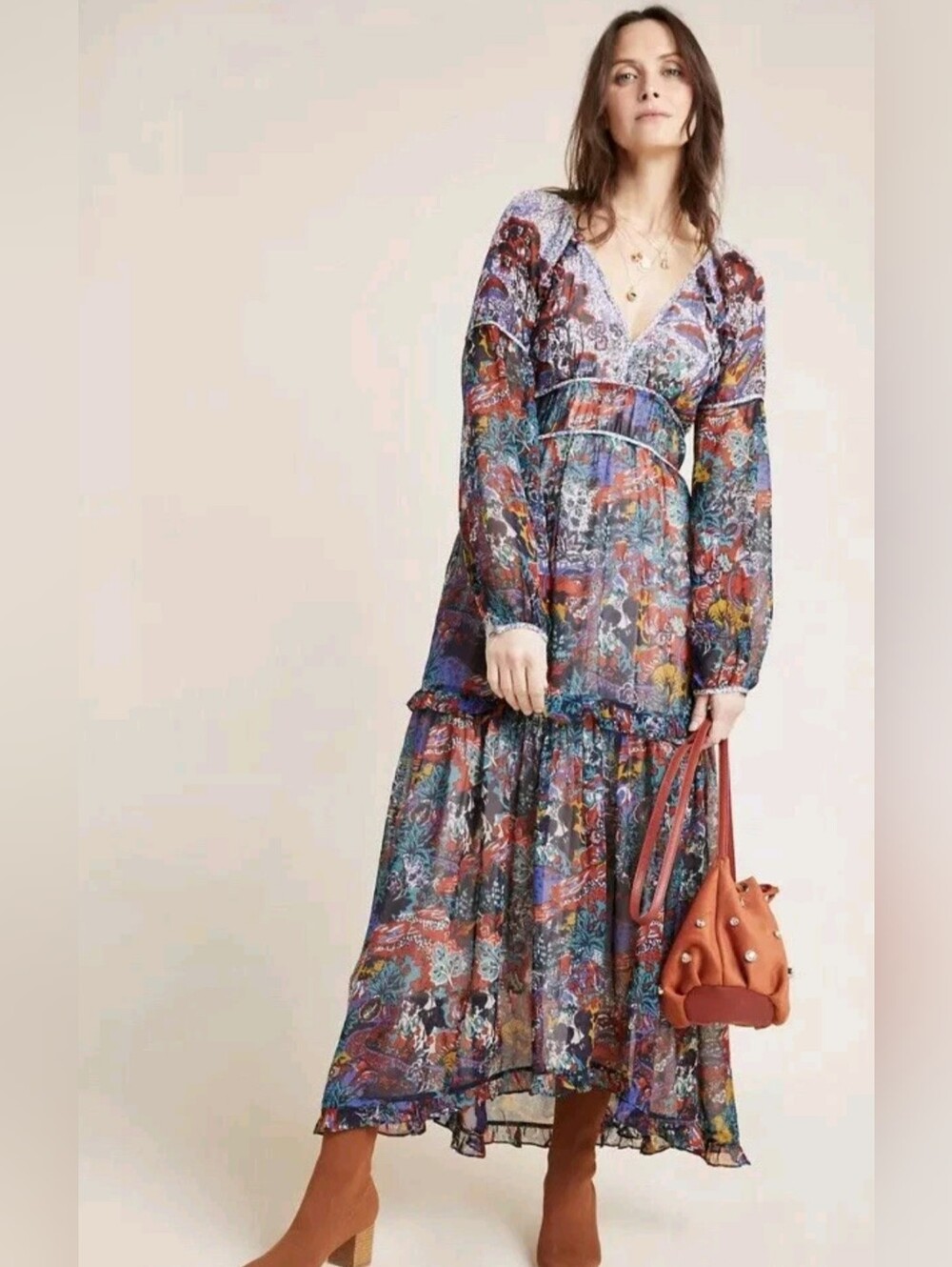Maeve Anthropologie Multi-Color Floral V-Neck Long Sleeve Maxi Dress
